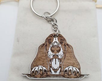 Custom Wooden Basset Hound Keychain | Personalized Pet Gift & Bag Charm