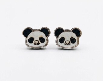 Handmade Wooden Panda Bear Stud Earrings  – Cute woodland animal jewellery – Kawaii fox earrings – Handmade gift for her – Fun accessories