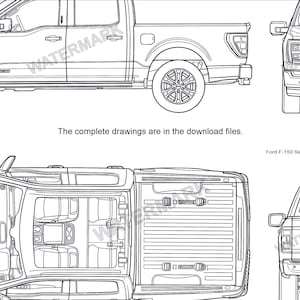 Könnte beinhalten: Technische Zeichnungen eines Ford F-150, mit Seiten-, Front-, Ober- und Heckansichten. Der Text lautet: "Die vollständigen Zeichnungen befinden sich in den Download-Dateien." Maßstab 1:10.