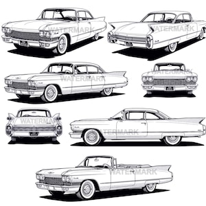 May include: Black and white illustrations of classic 1960s Cadillac DeVille cars. The image showcases various models, including a convertible, sedan, and coupe, each with distinct tail fins and chrome detailing. The cars are depicted from multiple angles.
