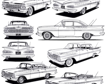 Chevrolet Impala 1959, SVG, PNG, diseño en 8 ángulos diferentes