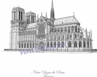 Notre-Dame de Paris vector SVG,PNG, line art monochrome