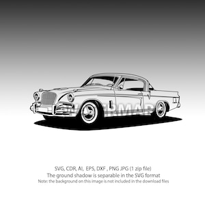 Könnte beinhalten: Eine Schwarzweiß-Zeichnung eines klassischen Autos, ein Studebaker Starliner Coupé aus den 1950er Jahren. Das Auto ist zum Betrachter gerichtet, die Vorderräder sind leicht nach links gedreht. Das Auto hat eine lange Motorhaube, eine niedrige Dachlinie und ein markantes Heck.