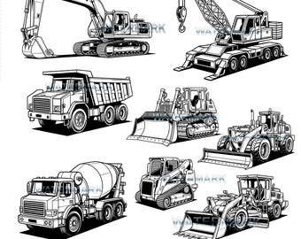 May include: Black and white line art of eight construction vehicles, including an excavator, crane, dump truck, bulldozer, front-end loader, skid steer, cement mixer, and a grader. The text at the bottom reads "8 construction equipment SVG, PNG."