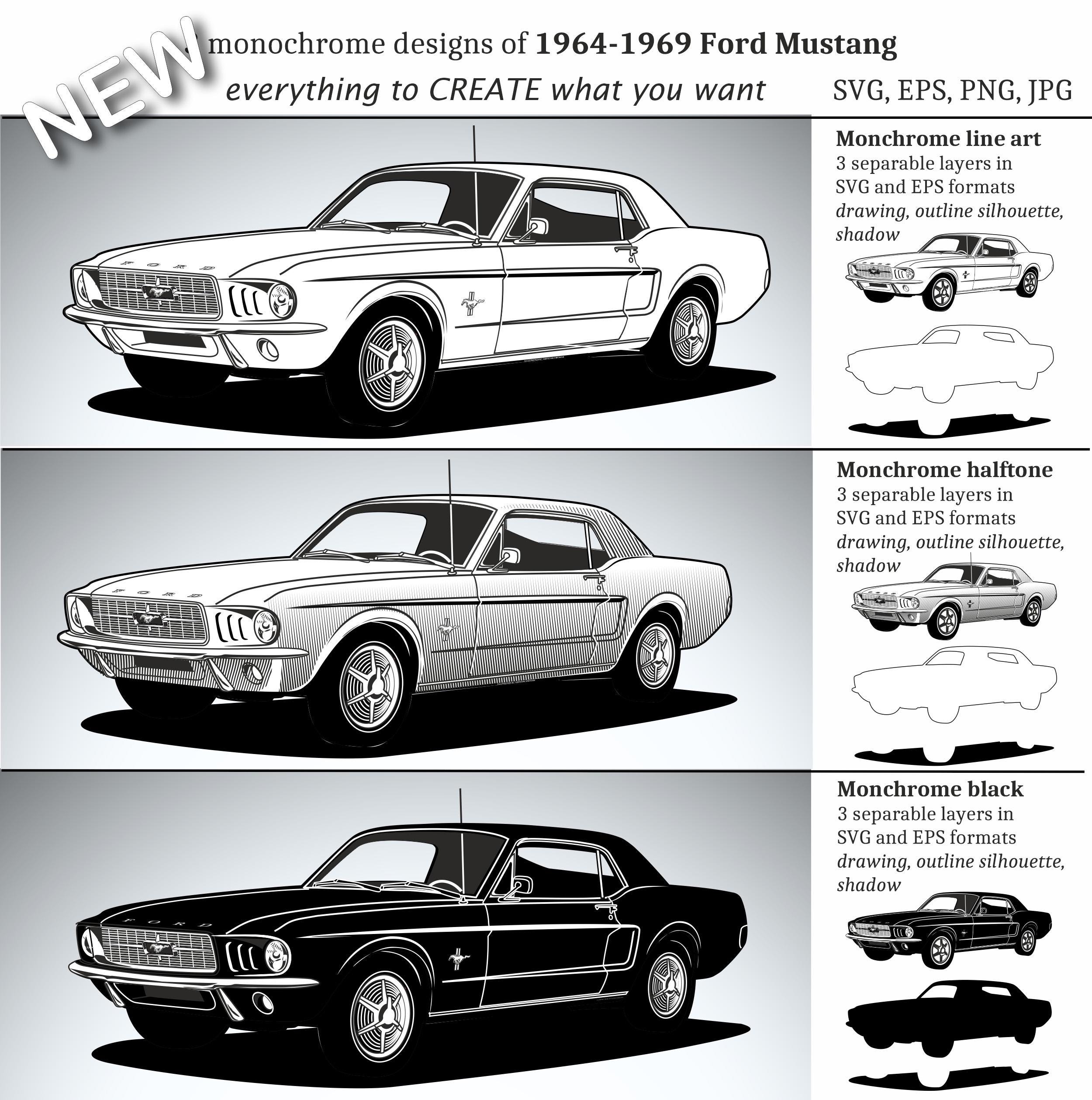 1969年式フォード・マスタングの3つのデザイン（svg、eps、png、jpg