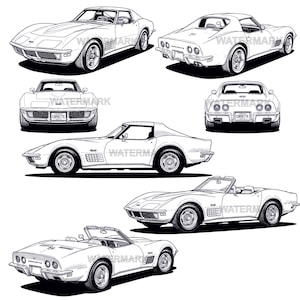 May include: Black and white illustration of a classic Corvette sports car. The image shows the car from multiple angles, including front, back, and side views. The car has a sleek, low profile and is depicted with detailed lines.