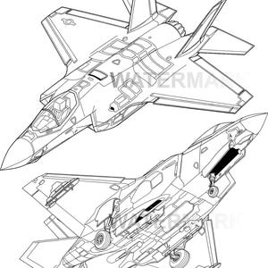 Könnte beinhalten: Schwarz-Weiß-Strichzeichnung von zwei F-35-Kampfjets. Einer wird von oben, der andere von unten betrachtet, mit Flügeln, Leitwerken und Cockpit-Details. Eine technische Illustration.