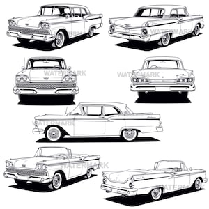 May include: A collection of black and white line drawings depicting classic vintage cars. The image presents different perspectives of the vehicles, including side profiles, front and rear views. The cars feature chrome accents and whitewall tyres, creating a retro feel.