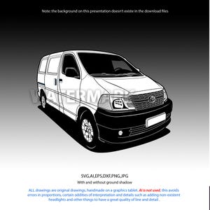 May include: A black and white illustration of a white van with a black front bumper and grill. The van has a Toyota emblem on the front. The image includes text that says "SVG, AI, EPS, DXF, PNG, JPG" and "With and without ground shadow."