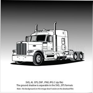 May include: Black and white line art illustration of a semi-truck. The truck features a detailed design with visible wheels, a cab, and exhaust pipes. The image includes text at the bottom indicating file formats: SVG, AI, EPS, DXF, PNG JPG.