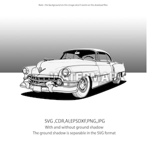 May include: Black and white line drawing of a classic 1950s Cadillac Coupe. The car is facing the viewer with the front grill and headlights visible. The car is on a white background.