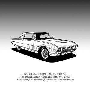 Puede incluir: Ilustración en blanco y negro de una Ford Thunderbird clásica de la década de 1960.