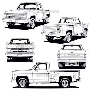 Puede incluir: Ilustraciones en blanco y negro de un clásico camión Chevrolet. La imagen muestra el camión desde múltiples ángulos: frontal, lateral y trasero. El logotipo de Chevrolet es visible en la parte delantera y trasera.