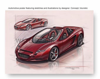Automotive sketches and illustrations by designer, Concept-car, futuristic, wall art DESIGN 2