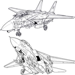 May include: Two detailed line drawings of a jet fighter aircraft. The top view shows the plane from the side, while the bottom view presents a perspective from below. The aircraft features wings, tail fins, and visible weaponry, all rendered in black and white.