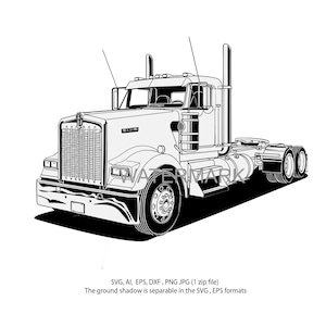 Può includere: Illustrazione in bianco e nero di un camion Kenworth. Il camion presenta una griglia anteriore dettagliata, fari e una cabina con finestre visibili. L'immagine include il testo "KENWORTH" sulla parte anteriore. Grafica vettoriale disponibile in vari formati.