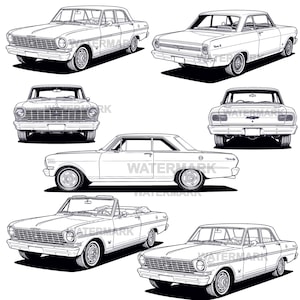 Può includere: Illustrazioni in bianco e nero di auto classiche in varie viste. L'immagine presenta diversi veicoli d'epoca, tra cui berline, coupé e una cabriolet. Ogni auto è raffigurata con uno stile dettagliato in bianco e nero, mostrando i loro design iconici.