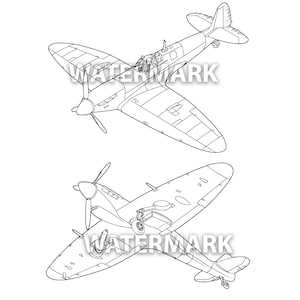May include: Line drawing of two black and white Supermarine Spitfire fighter planes. The planes are drawn in a 3/4 view, with the wings and tail visible. The planes are drawn in a simple, minimalist style.