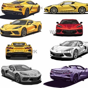 May include: Collection of illustrations of sports cars in various colors, including yellow, red, white, gray, and purple. The images showcase different angles of the vehicles, highlighting their sleek designs and aerodynamic features. The cars are depicted with detailed lines and shadows.