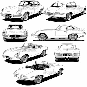 May include: A collection of black and white illustrations depicting the Jaguar E-Type. The image includes different perspectives of the car, such as coupe and convertible versions. Each car features the text "61 E-TYPE" on its number plate.