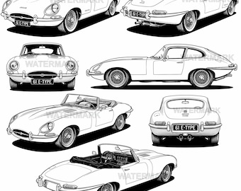 Jaguar E type, SVG,PNG 7 different angle views art design