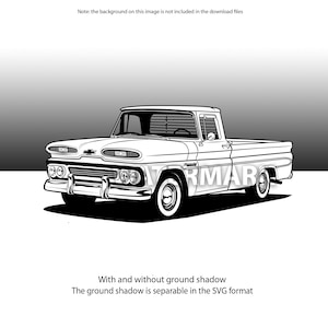May include: Black and white line art illustration of a vintage pickup truck. The truck has a long bed and a single cab. The truck is facing the viewer and is set against a gray background.