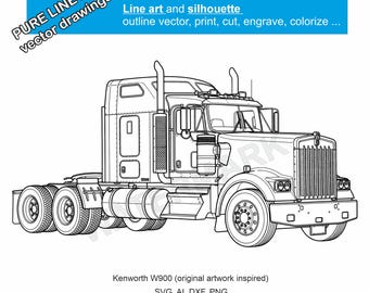 Kenworth w 900 semi truck svg,ai,dxf,png, line art