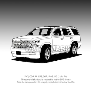 May include: A black and white line drawing of a Chevrolet Tahoe SUV. The vehicle is facing slightly to the right and the front grill, headlights, and wheels are visible.