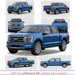 May include: A collection of six images showcasing a blue 2025 Ford F-150 pickup truck from various angles. The images include front, side, and rear views, highlighting the truck's design. The text at the bottom reads "2025 Pickup Ford serie 150 : 6 design png transparent."