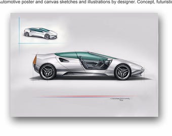 Automotive sketches and illustrations by designer, Concept-car, futuristic, wall art DESIGN 6