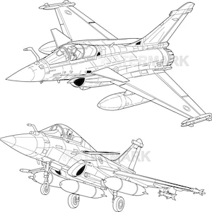 Pode incluir: Dois desenhos detalhados a traço de um avião de combate a jato. A vista superior mostra o avião de cima, enquanto a vista inferior mostra o avião de um ângulo lateral. Ambas as ilustrações são em preto e branco.
