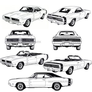 May include: Black and white line art illustrations of classic Dodge Charger cars. The image shows various views of the car, including coupe and convertible models, from different angles. The cars are detailed with their iconic features.