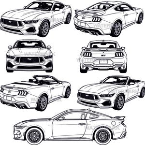 Puede incluir: Ilustraciones en blanco y negro de un coche deportivo moderno, presentadas desde diferentes ángulos: frontal, trasero, lateral y versiones descapotables. Los dibujos resaltan el diseño elegante y los detalles.