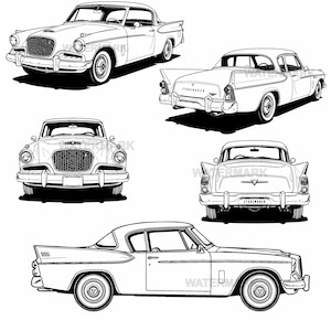 Könnte beinhalten: Schwarz-Weiß-Illustrationen eines klassischen Studebaker-Autos. Die Bilder zeigen das Auto aus verschiedenen Blickwinkeln: Vorder-, Rück- und Seitenansicht. Das Auto hat ein schlankes, Vintage-Design mit Chromakzenten.