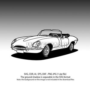 Puede incluir: Un dibujo en blanco y negro de un coche deportivo clásico descapotable. El coche tiene un capó largo, una carrocería redondeada y una capota blanda. El coche está de frente al espectador y se encuentra sobre un fondo gris.