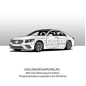 Puede incluir: Un dibujo en blanco y negro de una berlina de lujo. El coche está de frente al espectador y está dibujado en un estilo realista.