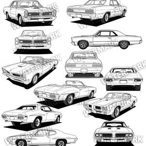 May include: A collection of black and white line art illustrations of classic American muscle cars. The images showcase various angles of the vehicles, including coupes and convertibles, highlighting their iconic designs. The illustrations are detailed and feature shadows.