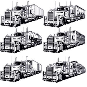 May include: Black and white illustration of six semi-trucks with different trailer types. The trucks have a prominent front grill guard and the word "WAT" on the front. Trailers include a cargo container, a grain hauler, a tanker, a livestock trailer, and a car carrier.