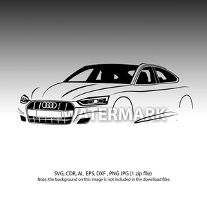 Op de afbeelding: Een zwart-witte lijntekening van een Audi A5 Sportback. De auto is naar de kijker gericht en de grille is zichtbaar. De afbeelding is op een grijze achtergrond.