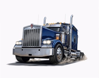 Blue Kenworth W900 semi truck PNG transparent for t-shirts and prints high resolution