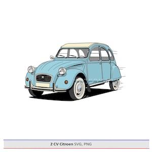 Peut inclure: Illustration d'une voiture Citroën 2CV bleu clair avec un toit crème. La voiture a des pneus blancs et un pare-chocs chromé. L'image comprend le texte "2 CV Citroen SVG, PNG".