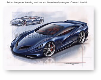 Automotive sketches and illustrations by designer, Concept-car, futuristic, wall art DESIGN 1