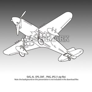 May include: A black and white line drawing of a vintage airplane viewed from above. The airplane has a propeller, landing gear, and a tail.