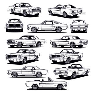Ford Mustang 1965-1967 SVG, Clipart de Carro Clássico Muscle Car, Arquivo de Corte Vetorial com 12 Ângulos de Visão para Cricut e Silhouette, PNG