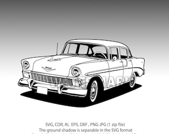 May include: Black and white line art illustration of a classic 1950s American car. The car is a four-door saloon with a long bonnet and a large boot. The car has a chrome bumper, a large grille, and a single round headlight on each side.