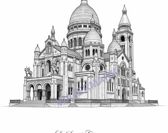 Le Sacré-Cœur Paris vector SVG,PNG, line art monochrome