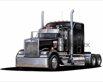 Black Kenworth W900 semi truck PNG transparent for t-shirts and prints high resolution