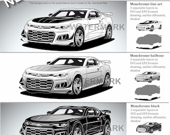 May include: Three monochrome designs of a 2022 Chevrolet Camaro are shown. The image features line art, halftone, and black versions of the car. Text includes "NEW" and "everything to CREATE what you want". The image also includes file format information.