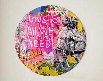 Glass Art Wall Decor,Glass,Love Is All We Need,Glass Wall Decor,Banksy Wall Decor,Love Graffiti Glass Art,Graffiti Glass Wall Art,