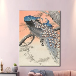 Pavo real en un árbol de flor de cerezo, cartel de pájaro, arte de pavo real, arte abstracto, lienzo de arte moderno, cartel de Ohara Koson, cartel de lujo,